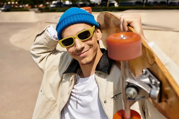 A young man is relaxed and cheerful in a park, enjoying his skateboard on a sunny day. — Stock Photo
