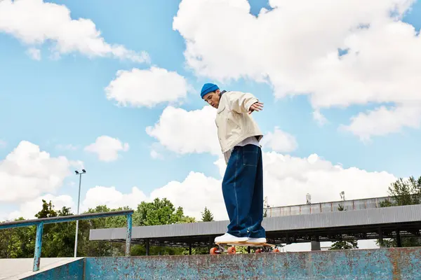 A young man skillfully skateboards in the park on a bright, cheerful day. — Stock Photo