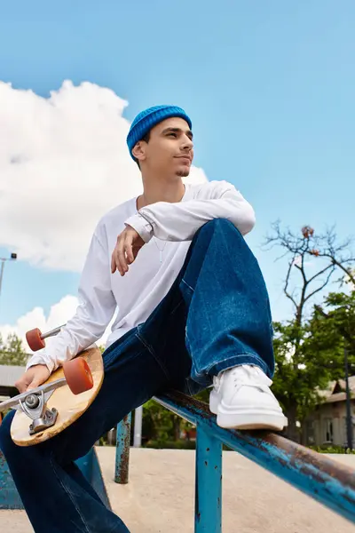 A relaxed young man in casual attire enjoys the sunny weather at a park while perched on a railing. — Stock Photo