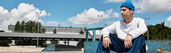 Relaxing at the park, a young man in casual attire absorbs the sunny atmosphere. — Stock Photo