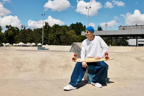 Un joven relajado se sienta cómodamente en un parque con su monopatín, tomando el sol. - foto de stock