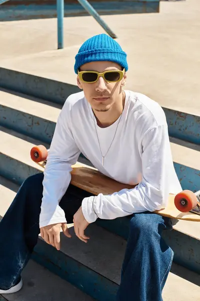 A man relaxes on park steps, wearing sunglasses and a vibrant beanie, enjoying the sunshine. — Stock Photo