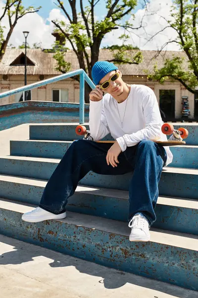 A young man relaxes on park steps with skateboard, enjoying a bright and sunny day outdoors. — Stock Photo