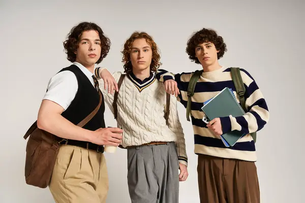 Three fashionable young men pose together, showcasing their unique styles and friendship. — стоковое фото