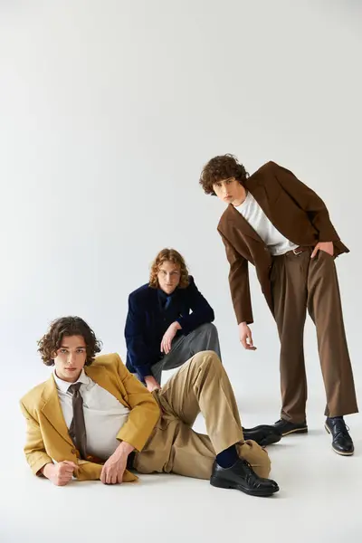 Three young men showcase their unique styles in an artistic studio. — Stock Photo