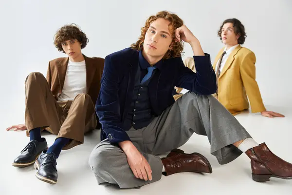 Three young men pose together in a stylish manner while showcasing their unique outfits. — стоковое фото