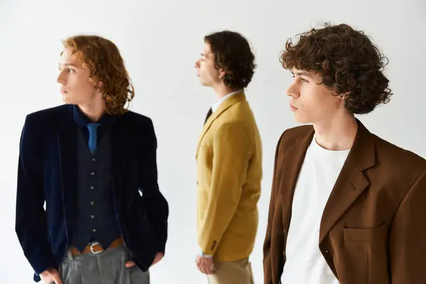 Young men with diverse hairstyles pose confidently in trendy outfits against a minimalist backdrop. — Stock Photo