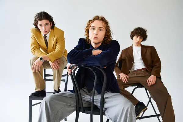 Trois jeunes hommes élégants posent sur des tabourets, mettant en valeur leur apparence unique et leur amitié. — Stock Photo