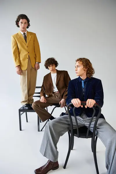 Three young men dressed in chic outfits pose gracefully on chairs, expressing their unique styles. — Stock Photo