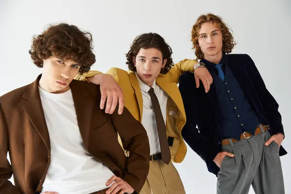 Young men pose confidently in trendy outfits while expressing their unique style and friendship. — Stock Photo