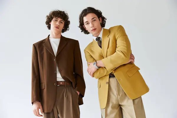 Two young men pose confidently in trendy outfits in a modern studio. — Stock Photo
