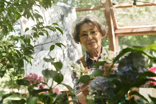 Senior woman joyfully cares for colorful blooms while enjoying the serene garden atmosphere. — Stock Photo