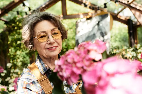 A lovely senior woman nurtures vibrant flowers in her serene, sunlit garden oasis. — стокове фото