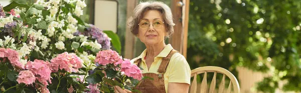 A senior woman enjoys tending to beautiful flowers in a lush garden filled with color and life. — Stock Photo