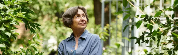 A senior woman enjoys a peaceful afternoon in her vibrant garden, surrounded by greenery. — Stock Photo