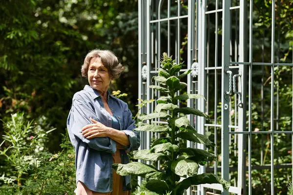 Elegant senior woman stands near lush plants, basking in the beauty of her blooming garden. — стокове фото