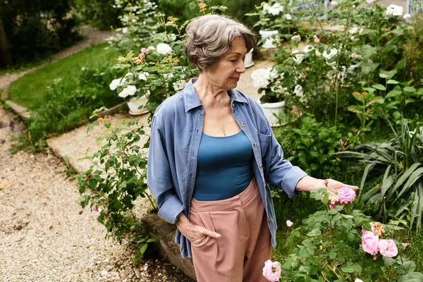 Senior woman admires the vibrant blossoms while tending to her lush garden during the day. — Stock Photo