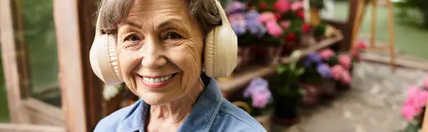 Beautiful senior woman smiles joyfully while relaxing in a colorful garden filled with flowers — Stock Photo