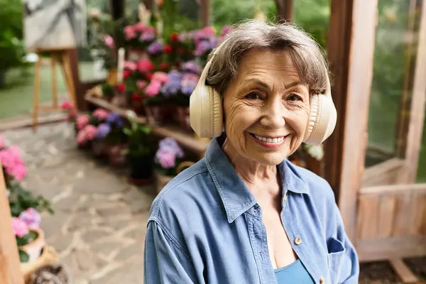In a vibrant garden, a senior woman smiles joyfully while enjoying music. — Stock Photo