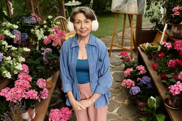 A beautiful senior woman stands in a colorful garden surrounded by blooming flowers, radiating joy. — Stock Photo