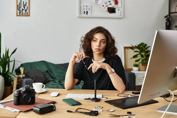 Young woman with curly hair focuses on her work as she works at home. — Stock Photo