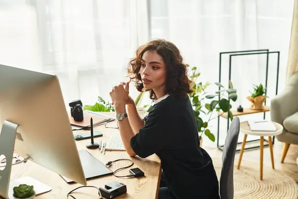 Curly-haired freelancer focused on editing and retouching images while comfortably working at home. — Stock Photo
