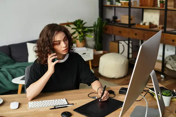 Focused on her graphic tablet, she skillfully retouches images while multitasking on a call. — Stock Photo
