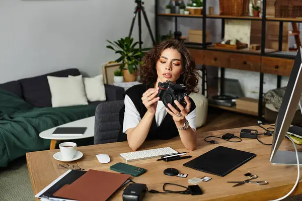 Young woman with curly hair inspects her camera while working at a stylish home office setup. — Stock Photo