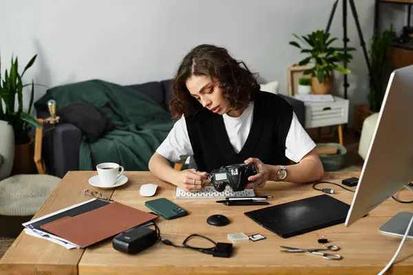 Curly-haired woman focuses on her camera in a stylish home workspace surrounded by plants. — Stock Photo