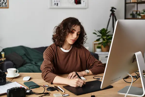 Driven freelancer with curly hair utilizes a graphic tablet to edit photos in a cozy setting — Stock Photo