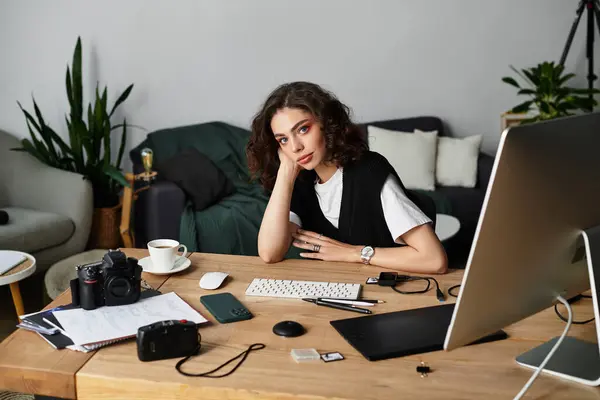 A young woman sits thoughtfully at her home workspace with cameras around her. — Stock Photo