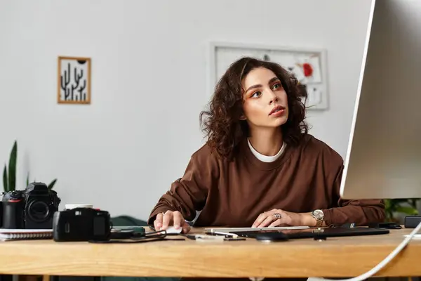 Curly-haired woman is engaged in creative work at her home office, surrounded by photography tools. — Stock Photo