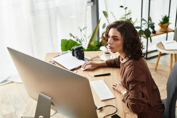 Young woman with curly hair, focused on her work while exploring photography at her home desk. — Stock Photo