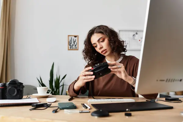 Curly-haired woman focuses intently on her camera while working in her home office. — Stock Photo