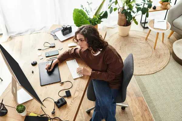 Beautiful retoucher focuses on enhancing images using a graphic tablet in her cozy workspace. — Stock Photo