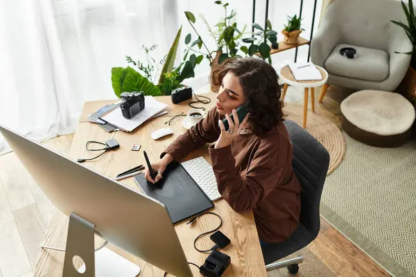 Young woman with curly hair edits photos while efficiently multitasking at home. — Stock Photo
