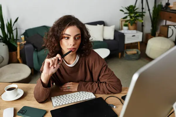 Freelancer edits photos with a tablet and stylus in her cozy home setup. — Stock Photo