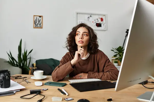 A young woman with curly hair intently retouches images at her home workspace. — Stock Photo