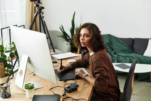 A talented artist focuses on retouching with a graphic tablet in her inviting workspace. — Stock Photo