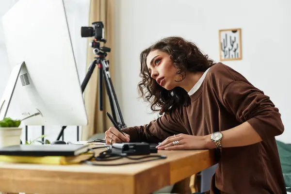 Freelancer focuses on retouching photos while working at her home office desk. — Stock Photo