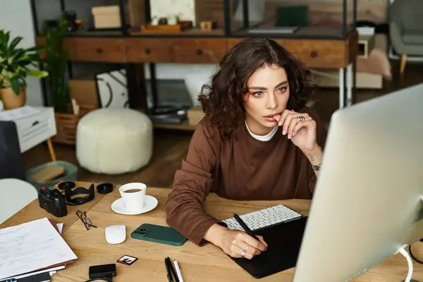 Young woman with curly hair focuses on editing using a graphic tablet. — Stock Photo