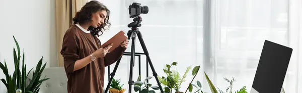 Young woman with curly hair organizes her workspace while managing a camera setup at home, banner — Stock Photo