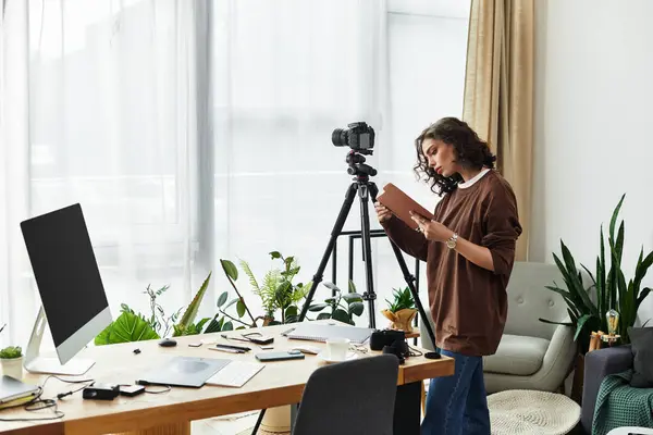 Young woman with curly hair engages in photography while working from her cozy home office. — Stock Photo