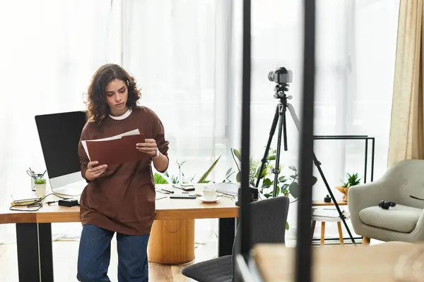 Young woman reviews project details in a cozy, well-lit home office filled with greenery. — Stock Photo