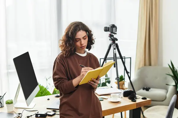 A young woman with curly hair writes notes while surrounded by photography equipment at home. — Stock Photo