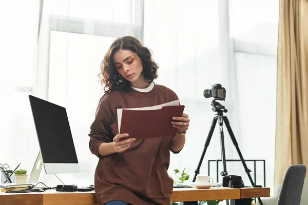 A young woman with curly hair reviews her notes while working from her stylish home office. — Stock Photo
