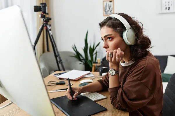 A skilled retoucher with curly hair focuses on her graphic tablet, enhancing images at home. — Stock Photo