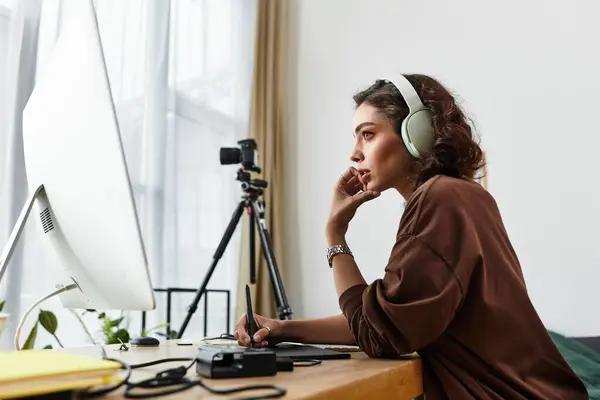 A young woman with curly hair focuses on editing images using a graphic tablet and stylus pen. — Stock Photo