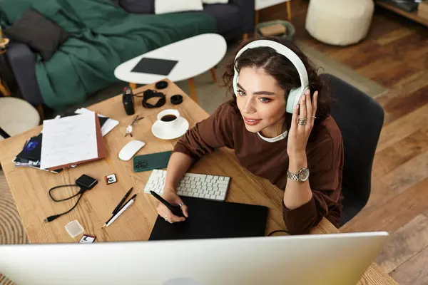 Young woman with curly hair utilizes a graphic tablet for editing while working from home. — Stock Photo