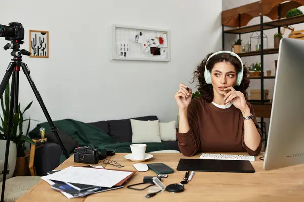 Young woman with curly hair focuses on retouching images while working from her home office. — Stock Photo